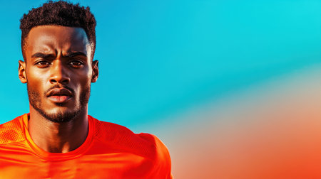 A young athlete sprints forward, displaying intensity and concentration. The dynamic background features hues of orange and blue, highlighting the excitement of an outdoor training session.の素材