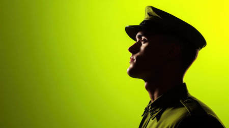 A military officer stands in profile, silhouetted against a vivid green backdrop, evoking feelings of strength and commitment. The scene reflects unity and discipline.の素材