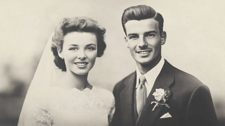 A happy couple stands together on their wedding day, dressed in elegant attire. The bride wears a lace gown with a veil, while the groom sports a classic suit with a boutonniere.の素材