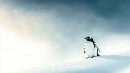 A Gentoo penguin is positioned on a snowy terrain with a dramatic overcast sky in the background. The tranquil setting captures the essence of Antarctic wildlife during dawn.の素材