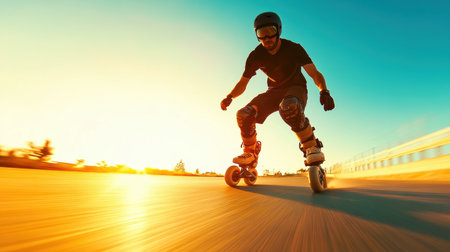 A skateboarder performs tricks during sunset, capturing the golden light that enhances the dynamic movement, showcasing skill and enthusiasm in an outdoor location.の素材