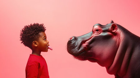 A young boy sticks out his tongue while facing a hippopotamus. They share a playful moment against a bright pink backdrop, showcasing a fun and imaginative atmosphere in a studio location.の素材