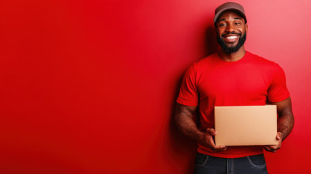 A delivery person wearing a red shirt and cap stands against a vivid red wall, smiling broadly while holding a cardboard package, ready to assist customers with their deliveries.の素材