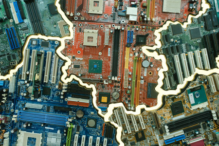 A set of different motherboards for development. Electronic components include connectors for SD cards and LCD screens, capacitors and transistors.の写真素材
