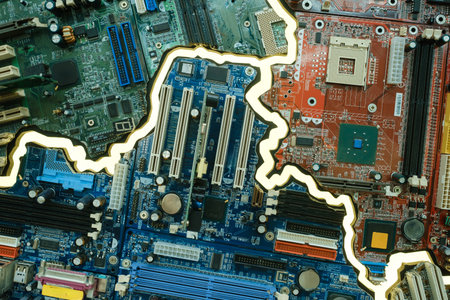 A set of various microchips and motherboards for electronic equipment.の写真素材