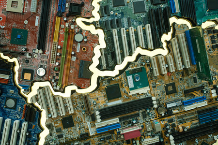 Detailed close-up of various circuit boards is displayed on a flat surface, highlighting intricate patterns and electronic components.の写真素材