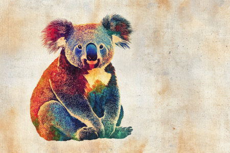 A vibrant portrayal of a koala, showcasing its endearing features. The animal appears serene while sitting, against a softly textured backdrop that enhances its colorful representation.の素材