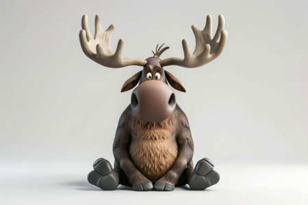 A cartoon moose with large antlers sits on the floor, displaying a cheerful expression. The character's fur is fluffy, and the light background highlights its playful demeanor.の素材