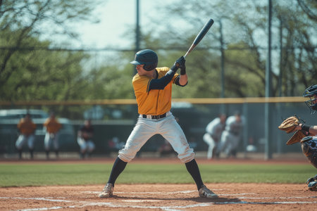 Iconic moment at a youth baseball game as a young player stands in the batter's box, focused and ready to swing the bat. The crowd and coaches watch closely from the sidelines.の素材