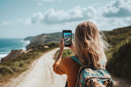 A person with long hair is holding a smartphone to capture stunning coastal views while hiking on a dirt road. The lush greenery and ocean contrast beautifully under a blue sky.の素材
