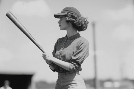 A young woman stands poised with a baseball bat in hand, preparing to swing as she focuses intently on her target on a bright day at a baseball field, dressed in sports attire.の素材