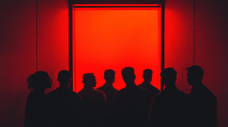 A gathering of individuals stands silhouetted against a vibrant red light. The ambiance creates a dramatic contrast, hinting at a social or artistic event in a modern indoor space.の素材