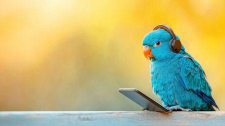 A vibrant blue parrot is listening to music through headphones while sitting on a smartphone. The background features a warm, blurred setting with soft light, creating a cheerful atmosphere.の素材