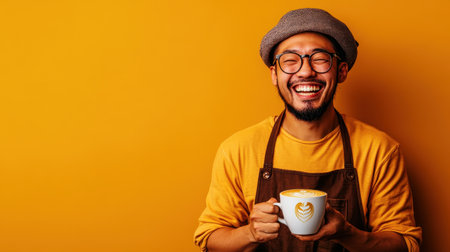 Barista in a cozy coffee shop enjoys a moment of joy, holding a beautifully crafted latte. The cheerful atmosphere is highlighted by the bright yellow background and the barista's warm smile.の素材