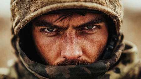 A soldier with a focused expression dresses in camouflage gear, standing in a rugged landscape at dawn, highlighting the grit and resilience required for military duties.の素材