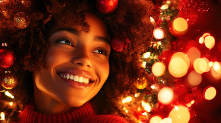 A happy young woman with curly hair smiles amidst colorful holiday decorations, creating a cheerful atmosphere filled with lights and ornaments. The cozy setting radiates warmth and joy.の素材