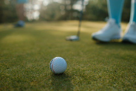 Golf ball on green grass during a sunny afternoon at a golf course with players preparing to take...