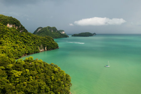 Aerial view of Kilim on Langkawi Island. Beautiful hills in the South China Sea. Malaysiaの写真素材