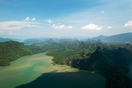 Scenic view of the green mountains and river in KILIM Park on a sunny day with a clear sky. Langkawi. Malaysia.の写真素材