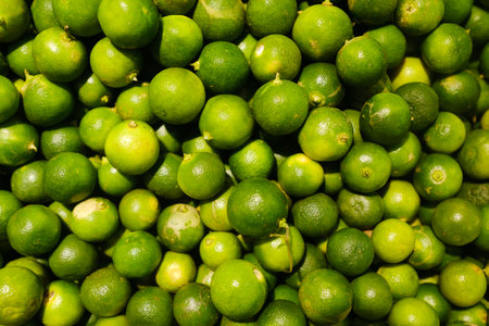 Fresh limes piled together at a market reflecting vibrant green hues and showcasing their natural freshness in a bustling neighborhood during daylight hoursの写真素材