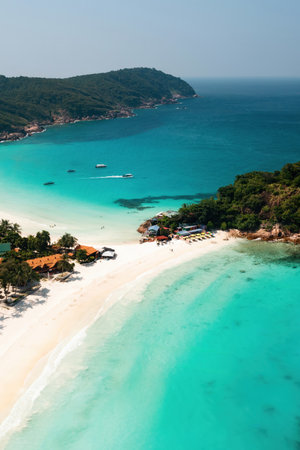 Long Beach paradise on Redang Island in Malaysia with turquoise waters and soft sand. View from...