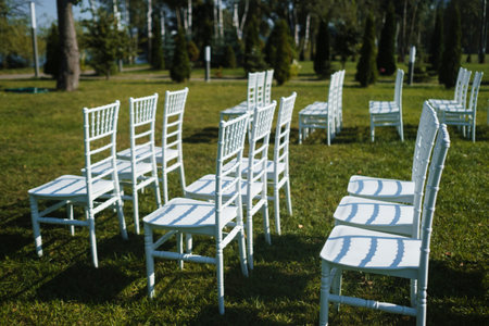 Rows of white chairs arranged on green grass in a park, ready for an event under clear blue sky in the afternoonの写真素材