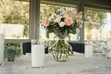 Elegant table setting with a floral centerpiece featuring pink and white roses in a glass vase at a stylish indoor event space during daylightの写真素材