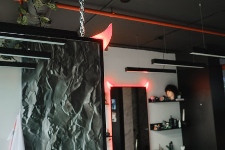 Unique interior design of a modern salon featuring creative lighting and an artistic wall,...