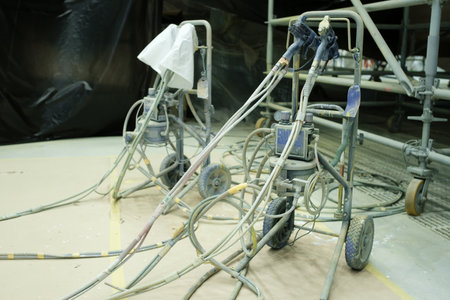 Equipment used for spraying paint in a construction area with hoses and protective coverings present