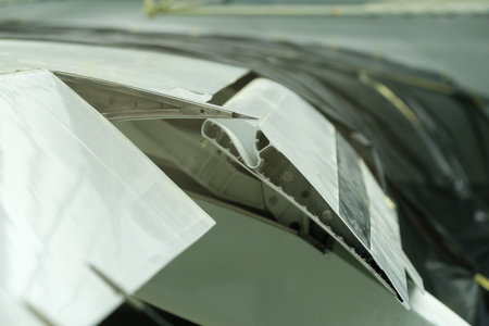 Close-up view of folded wings on an aircraft structure during assembly at a manufacturing facility in the early morning hoursの写真素材
