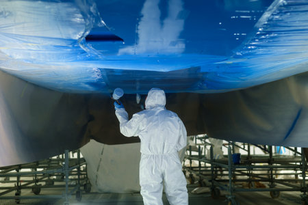 A worker in a protective suit meticulously paints the underside of a boat with blue paint in a spacious workshop. The area is clean and organized, with scaffolding and tools nearby.の写真素材