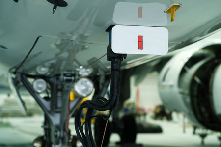 Detailed view of aircraft maintenance equipment and connectors inside a hangar during a routine checkup for safety and performance updatesの写真素材
