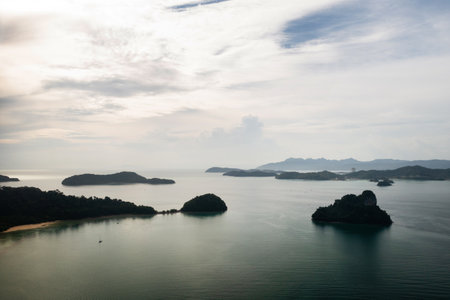 Aerial view of Kilim Geopark on Langkawi Island in Malaysia. Islands in the South China Sea near Langkawi island.の写真素材
