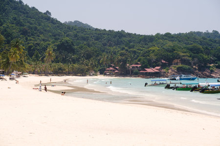 REDANG ISLAND, MALAYSIA - JULY 29, 2025: Beautiful view of Long Beach with vacationing tourists. Tourists enjoy their leisure time under the palm treesのeditorial素材