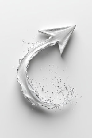 An artistic representation of an arrow made of splashing water on a smooth white background, capturing dynamic motion and fluidity, emphasizing shape and graceful curves.の素材