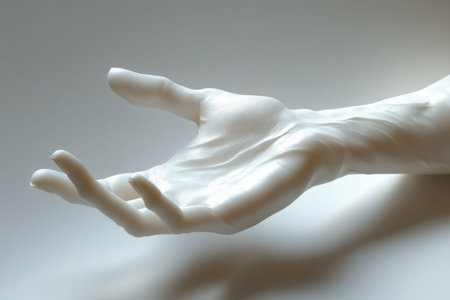 A striking white sculpted hand reaches outwards, displaying detailed textures and a lifelike appearance. The hand appears to be made from a smooth material, emphasizing its unique form against a soft backdrop.の素材