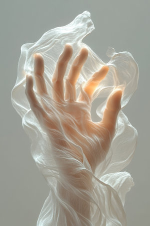A hand emerges from translucent fabric, creating an ethereal feel. The gentle play of light highlights the contours, symbolizing grace and delicacy in a serene setting.の素材