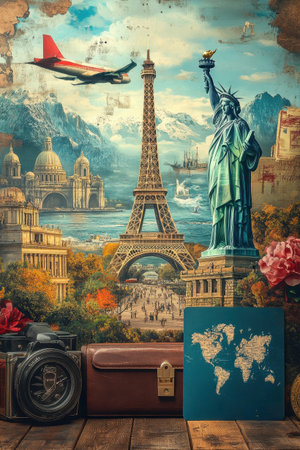 A colorful travel collage featuring famous monuments such as the Eiffel Tower and the Statue of Liberty, set against a backdrop of mountains and cityscapes. Vintage artifacts like a camera and travel map enhance the nostalgic vibe.の素材