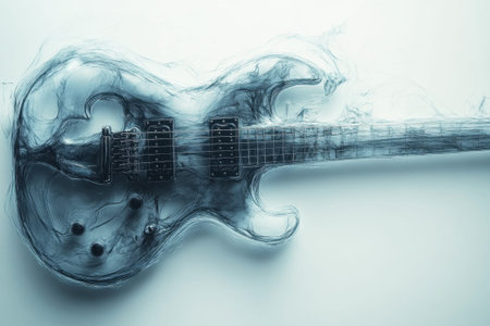 A unique electric guitar stands out with a transparent, abstract design that blends creativity and innovation. The intricate details highlight the craftsmanship, evoking a sense of artistic expression in music.の素材