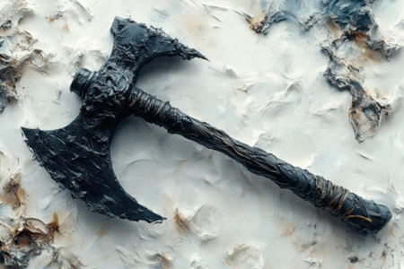A striking black battle axe is displayed on a textured surface with artistic details. The weapon features an intricate design with a wrapped handle and a bold, imposing blade. This artwork emphasizes creativity and craftsmanship.の素材