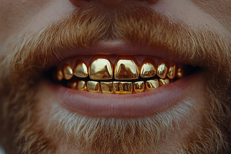 A man displays a striking set of golden dental grills that reflect sunlight, complemented by his full beard. The outdoor scene highlights his confident expression and stylish choice.の素材