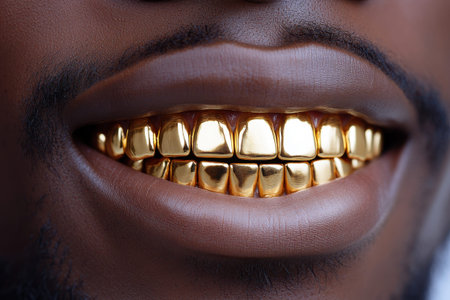 A close-up captures a man smiling confidently, showcasing shiny gold dental grills. His well-groomed beard frames the golden teeth, emphasizing modern fashion trends in urban environments during the evening.の素材