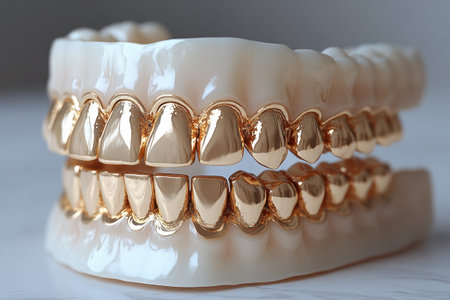 A stunning display of gold grillz sits atop a dental mold, showcasing the shiny, reflective surface and elegant design. The scene captures the fusion of luxury and artistry in modern dental accessories.の素材