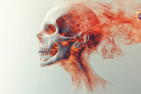 A detailed skull is depicted with flames and smoke swirling around it, illustrating the tension between mortality and vitality in an artistic expression, with soft lighting enhancing the effect.の素材