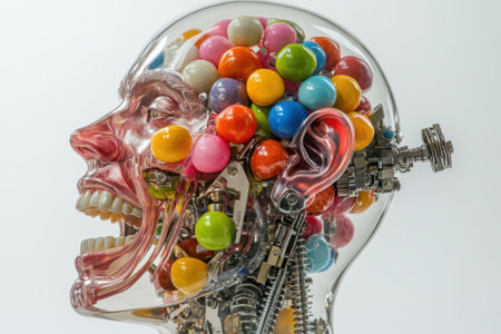 A striking glass sculpture features a human-like head with an open jaw, showcasing a vibrant assortment of gum balls in various colors packing the cranium. The intricate design merges creativity with a modern aesthetic.の素材