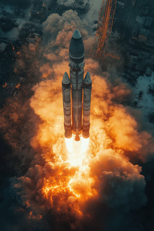 A powerful rocket ascends into the night sky, surrounded by billowing clouds of smoke and bright flames as it lifts off from the launch pad, marking the beginning of its mission into space.の素材