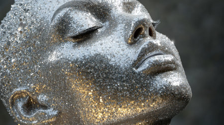 A captivating sculpture showcases a serene face adorned with glittering textures, reflecting sunlight beautifully. The artwork stands in a lush park surrounded by trees, drawing attention from onlookers enjoying the afternoon atmosphere.の素材