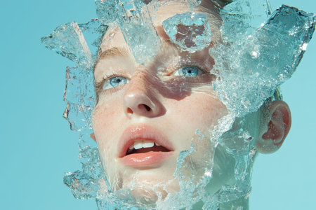 Young woman with blue eyes and freckles gazes thoughtfully as she is surrounded by clear ice shards, representing a blend of beauty and fragility in an artistic expression.の素材