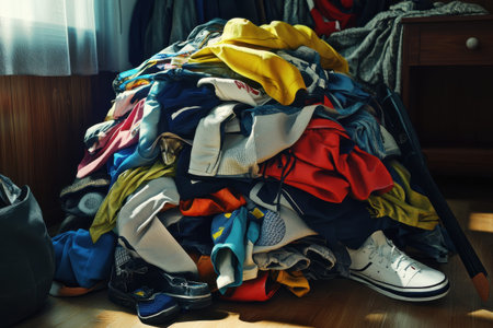 A large, disorganized pile of various clothing items rests on the floor of a dimly lit room. The chaotic assortment includes shirts, shorts, and shoes, clearly indicating a need for decluttering and organizing.の素材