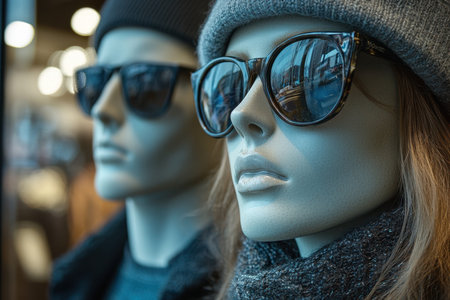 Two mannequins wear fashionable sunglasses and cozy winter attire, enhancing the vibrant atmosphere outside a bustling storefront. Shoppers pass by, captivated by the stylish display.の素材